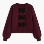 Autumn Winter Sweet Cute Coquette Women Wine Red Sweaters Cardigan Loose Lantern Sleeve Bow Knitted Fashion Female Outerwears
