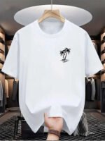 Men's summer 100% cotton fashionable casual loose coconut tree pattern printed sports round neck short sleeved T-shirt top - Image 2