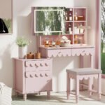Makeup Vanity Desk With 3 Color Touch Screen Lighted Sliding Mirror, Scalloped Large Vanity Table Set with Storage amp Drawers - Image 2