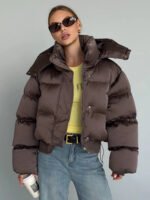 Winter Hooded Jacket Short Top Cropped Drawstring Waist Coat Woman Long Sleeve Warm Quilted Out Jackets Streetwear Lady Clothes - Image 4