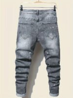 Men's jeans with splatter graffiti, ripped patches, distressed wash, slim fit, slimming, versatile casual long pants - Image 2