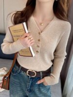 2026 Casual Slim Button Knitted Pullover Autumn Winter Women Sweaters Sweater Femme Basic Solid Jersey Tops Fashion Clothes - Image 2