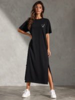 Smiley Letter Print Side Split Loose Oversized Women T‑Shirt Maxi Dress, Crew Neck Short Sleeve Casual Long Tee Dress, Soft Loungewear Nightgown, Streetwear Sundress for Daily Home Party Vacation Travel Shopping Casual Occa - Image 3