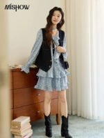 MISHOW Floral Dress for Women Cotton 2026 Spring Blue Luxury V-neck Ruffled Puff Sleeve Dress Party Midi Dress Woman MXE46L2517 - Image 5