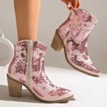 Women Pointed Toe Sequins Embroidery Western Cowboy Ankle Boots, Side Zipper Block Heel Autumn Y2K Fashion Short Heeled Booties - Image 3