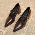 2025 Premium Leather Mary Janes - French Vintage Pointed Toe Pumps Chunky Heel Single Strap Shoes Buckle Decor - Image 3