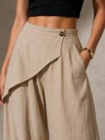 Women Wrap Front Linen Wide Leg Pants, High Waist Elastic Back Waist Culottes with Pockets, Casual Loose Fit Trousers for Summer Beach Daily Streetwear - Image 6