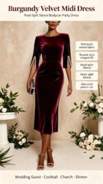 Women Burgundy Velvet Midi Dress Round Neck Pearl Split 3/4 Sleeve Bodycon Pencil Dress Elegant Wedding Guest Evening Party Formal Dresses - Image 6
