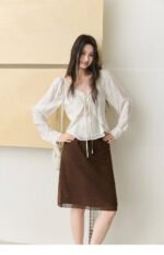 MISHOW Women's French Lace Trim Blouse 2026 Autumn V‑Neck Tie Front Loose solid blouses Babydoll Style Casual Tops MXF43X2783 - Image 6