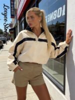 Women's Jackets Beige Black Zip Collar Crop Jacket Lapel Loose Streetwear Spring Autumn Chic Sports Outfits Short Coats 2026 New - Image 2