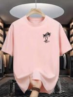 Men's summer 100% cotton fashionable casual loose coconut tree pattern printed sports round neck short sleeved T-shirt top - Image 4