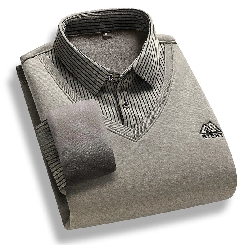 S4c6cd5fbf64c4471b4b347f0bcc84b450.jpg Men's Fleece Lined Sweater Polo Collar Pullover Tops Fake Two Piece Fashion Business Causal Pullovers Thick Winter Clothes - Image 1