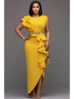 Women's Round Neck Ruffle Decor Split Maxi Bodycon Dress For Wedding Guest Banquet Evening Party Formal Fashion Occasions - Image 2