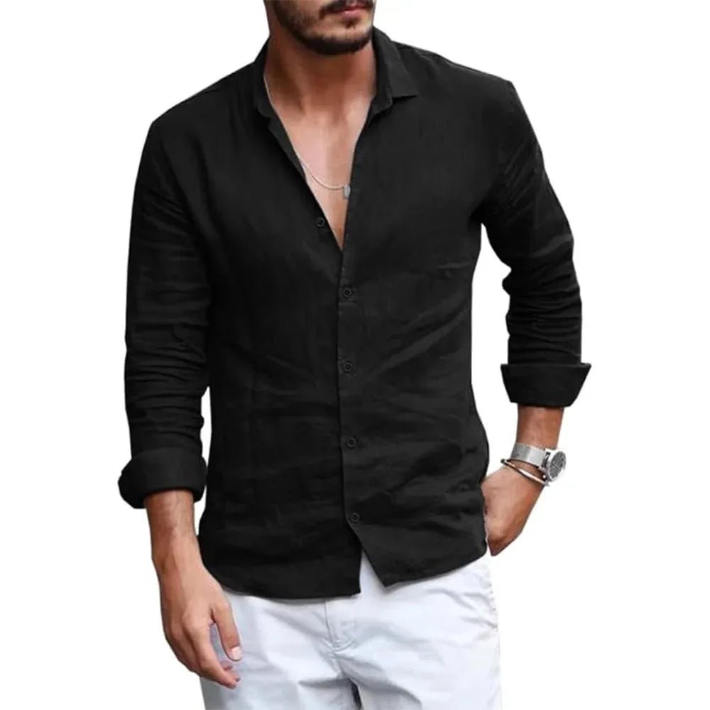 S4d33c1c52f0343d1845703efdb62b407n.jpg Summer Lightweight Breathable Men Shirt Long Sleeved Cotton and Linen Shirts Men Cardigan Tops Lapel Collar Men Beach Clothing - Image 1