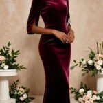 Women Burgundy Velvet Midi Dress Round Neck Pearl Split 3/4 Sleeve Bodycon Pencil Dress Elegant Wedding Guest Evening Party Formal Dresses