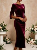 Women Burgundy Velvet Midi Dress Round Neck Pearl Split 3/4 Sleeve Bodycon Pencil Dress Elegant Wedding Guest Evening Party Formal Dresses