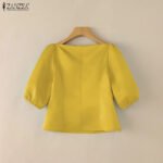 ZANZEA Elegant Princess Seams Satin Blouses Woman Boat Neck Puff Sleeves Solid Color Party Crop Tops Summer Graceful Blusa Mujer - Image 3