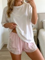 Summer Women Satin Lounge Shorts Lace Trim Elastic Shorts for Daily Casual Loose Short Pants - Image 4