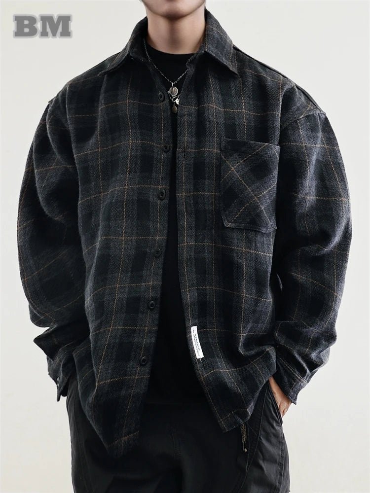 S55909d99c71448518bf55bcf4192c215m.jpg Mens Flannel Shirts American Vintage Streetwear Thick Plaid Oversized Cargo Long Sleeve Loose Fit Casual Workwear Autumn Winter - Image 1