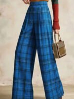 Women High Waist Pleated Plaid Wide Leg Pants Relaxed Fit Straight Trousers Casual Streetwear Bottoms For Daily Outing - Image 4