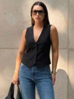 HH Elegant Womens Minimalist Solid Color Suit Vest Fitted Waist V Neck Office Workwear Business Waistcoat Casual Streetwear Tops - Image 5