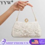 Fashion Pearl Chain Handbags Female White Embroidered Lace Flower Clutch Purse Crossbody Shoulder Party Wedding Prom Evening Bag