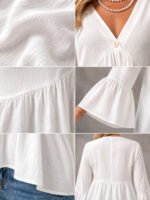 V Neck Bell Sleeve Blouses for Women Loose Fit Babydoll Tunic Tops Single Button Pleated Flowy Shirts Casual Daily Office Going‑Out Tunic - Image 6