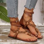 Rome Women Shoes 2026 Summer Hot Sale Women's Sandals Retro Ankle Buckle Rivet Flat Sandals British Style Plus Size Lady Shoes - Image 5