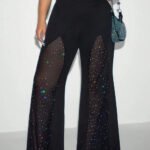 Plus Size Women Mesh Rhinestone Flare Pants High Waist See Through Sparkly Bell Bottom Trousers Night Club Party Black Pants