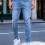 Slim Fit Jeans Men Sky Blue Fine Distressed Hole Design Jeans Versatile Mid Waist All Season Pants Urban Daily Matching Casual Long Trousers