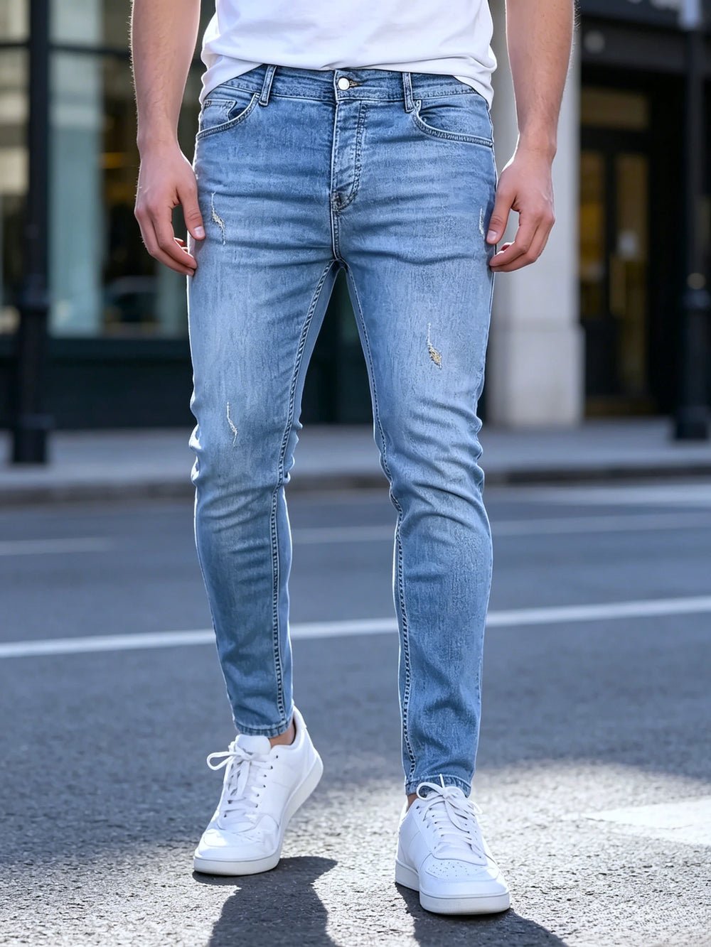 S5b4c2525a3ca49b789e5dc5376d29f962.jpg Slim Fit Jeans Men Sky Blue Fine Distressed Hole Design Jeans Versatile Mid Waist All Season Pants Urban Daily Matching Casual Long Trousers - Image 1