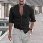 Men's Cotton Linen Shirts Madarin Neck Solid Color Long Sleeve Loose Top Spring Autumn Fashion Shirt - Image 6