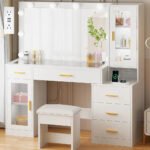 49.2" Large Glass Top Vanity Desk with Lighted Mirror and Stool / White Makeup Vanity table with Nightstand,Power, Custom