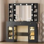 Makeup Vanity Desk with Mirror and Lights, Black Vanity with Glass Top, LED Lights & Power Outlet, 3 Drawers & 2 RGB - Image 2