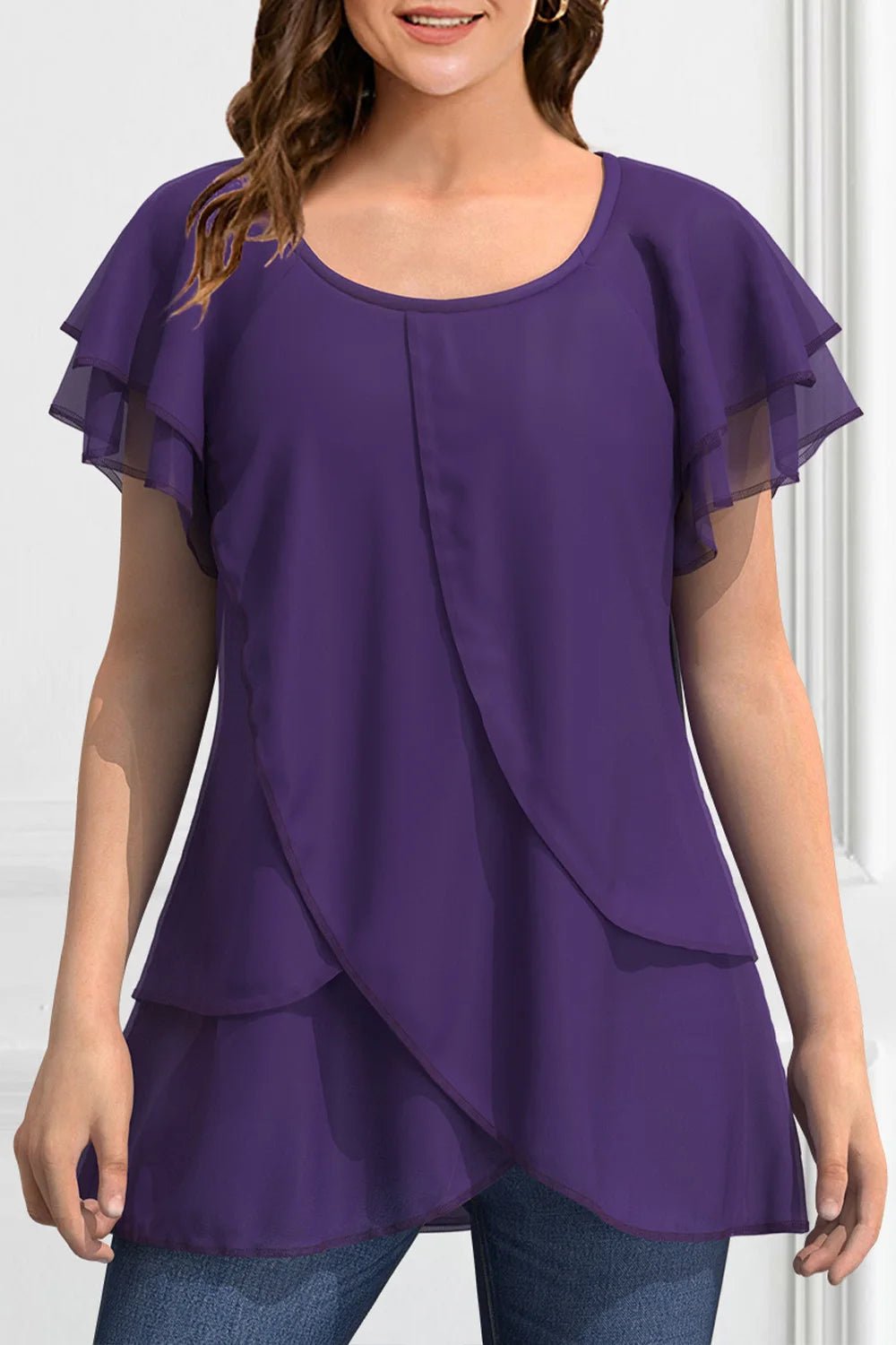 S614ae21a56ad40938e63b1e6eb4a0616d.jpg Women Plus Size Blouse Chiffon Short Sleeve Round Neck Elegant Irregular Hem Office Lady Summer Chiffon Blouse Tops - Image 1