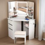 LED Vanity Desk With 3-Light Modes & Built-in Charging Station - Makeup Table With Open Storage Shelves, Drawers & Matching Stool - Image 2