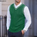 New Men's Knit V-Neck Sweater Vest Contrast Color Stripe Design Sleeveless Knitted Pullover Sweaters Men Smart Casual Waistcoats - Image 5