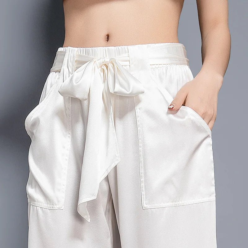 S6306b2cd268e42c897293268b589d3b8q.jpg Birdsky, 1PC Women trousers bloomers pants pant bow belt high waist 19MM 95% real mulberry silk 5% spandex 3 colors, S-930 - Image 1