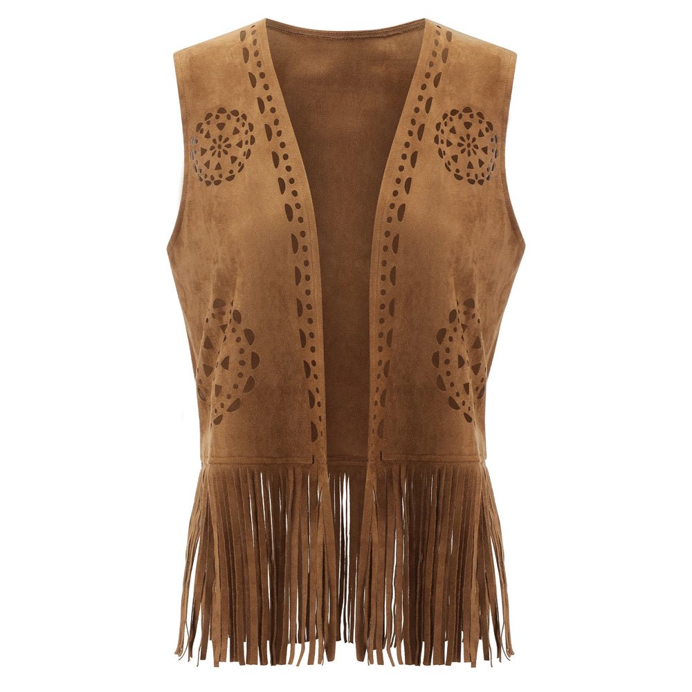 S638f668e0cc840e3bd236791175e44a7k.jpg Puloru Fringe Faux Suede Vests Women's Casual Sleeveless Open Front Tassel Hippie Jackets Western Style Streetwear Outwears - Image 1