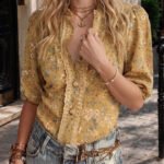 Women V‑Neck Short Puff Sleeve Floral Printed Blouse Button‑Front Casual Daily Commute Dating Wear Shirt