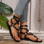 Rome Women Shoes 2026 Summer Hot Sale Women's Sandals Retro Ankle Buckle Rivet Flat Sandals British Style Plus Size Lady Shoes - Image 4