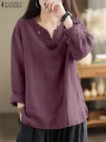Vintage Women Blouse Autumn Long Sleeve Shirt Female V Neck Work Holiday Blusas ZANZEA Casual Solid Loose Shirt Cotton Chemise - Image 3