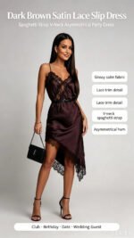 Women Dark Brown Satin Lace Slip Dress Spaghetti Strap V-Neck Asymmetrical Hem Elegant Party Cocktail Evening Dresses - Image 5