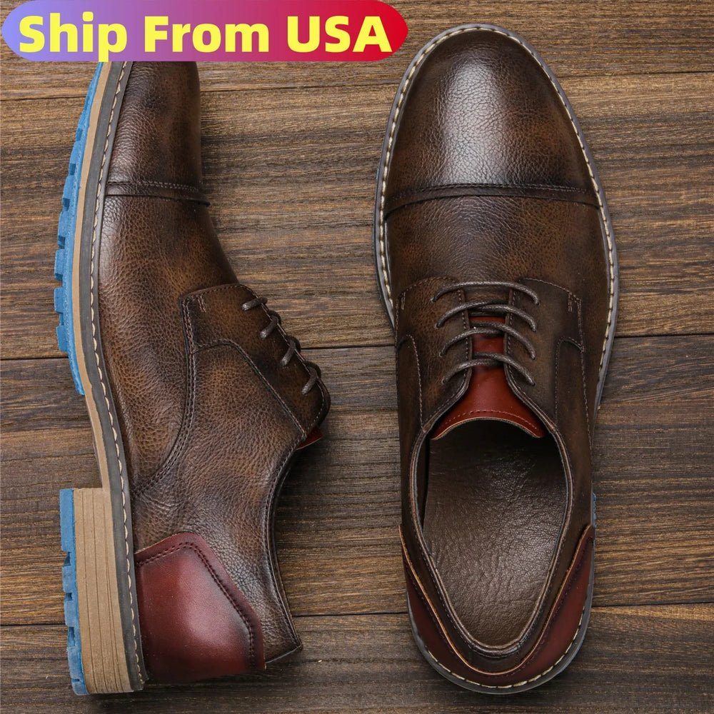 S661a132d212a4bd6af777ce71f87860aX.jpg Men's Casual Leather Shoes Cap Toe Derby Lace-up Business Formal Dress Shoes Retro British Style Office Wedding Footwear - Image 1