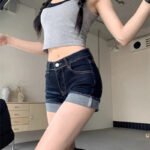 Retro Roll Up Hem Washed Denim Shorts Women Streetwear High Waist Slimming Hot Pants Korean Fashion Deep Blue Hip Wrapping Jeans - Image 4