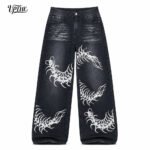 UP.THE Men Black Faded Baggy Wide Leg Jeans, Y2K Oversized Loose White Centipede Skeleton Print Denim Pants, Gothic Grunge Streetwear Trousers for Daily Outfits