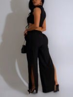 2-Piece Black High Neck Midriff Tank Smocked Waist Side Slit Wide Leg Pants Spice Girl Style Women Summer Date Wear - Image 2