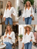 V Neck Bell Sleeve Blouses for Women Loose Fit Babydoll Tunic Tops Single Button Pleated Flowy Shirts Casual Daily Office Going‑Out Tunic - Image 5