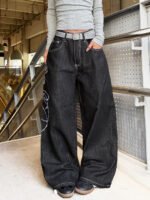American Retro Heavy-Duty Letter Flower Embroidery Women's Loose Wide-Leg Jeans Street Fashion Fashion Versatile Black Trousers - Image 3