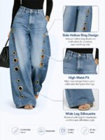 Women High Waist Wide Leg Jeans, Side Cutout Eyelet Rivet Denim Pants Loose Fit Hollow Out Flared Trousers Streetwear Fashion Baggy Jeans with Pockets - Image 5